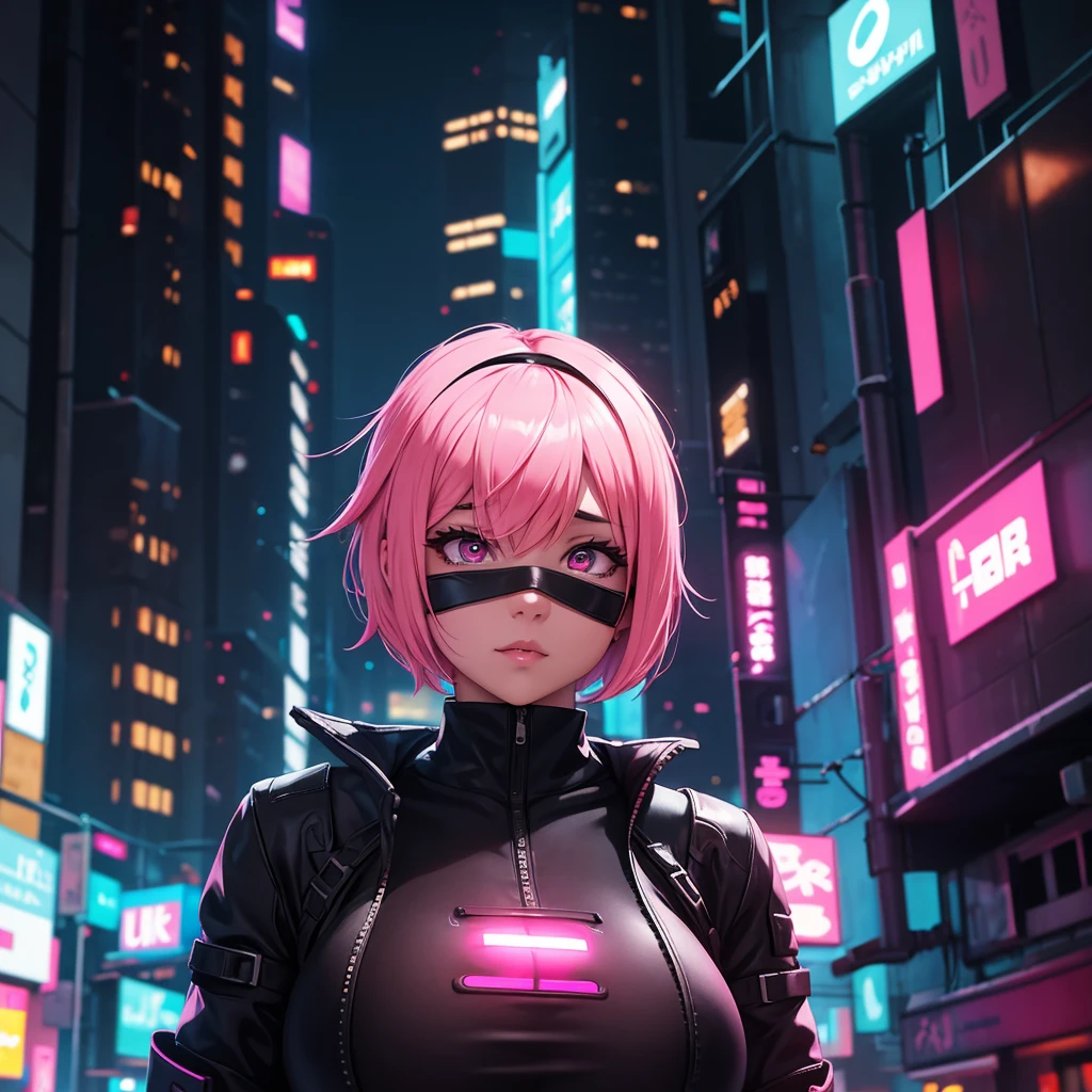Short pink haired android girl with huge breasts blindfolded with light skin in a destroyed cyberpunk city at night with low light