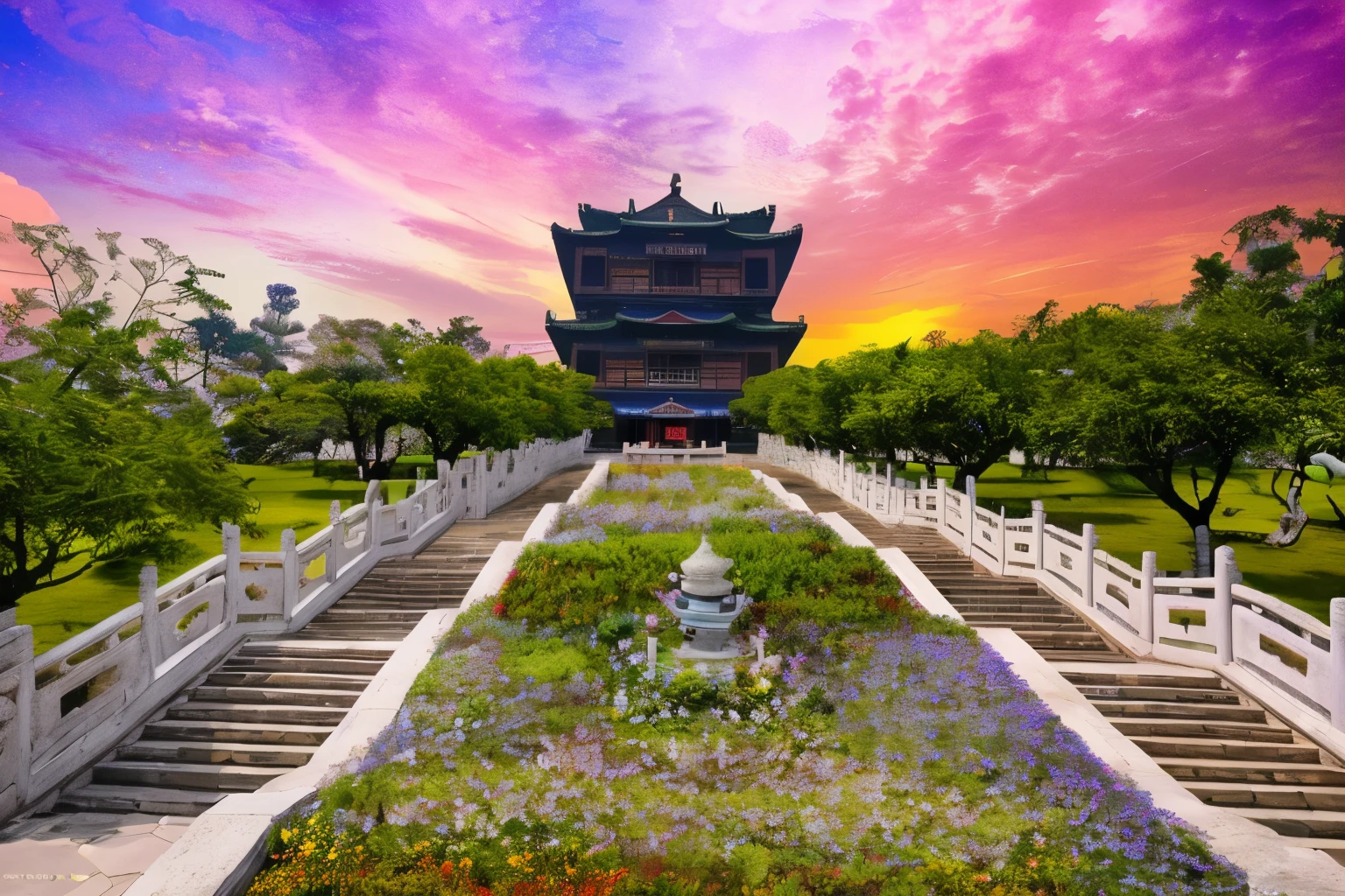 Colorful flowers in the garden,A pagoda in the background, ancient Chinese Architecture, Ancient Chinese Tower, Dahua Temple, Tang Dynasty Palace, Chinese Palace, Guangjian, Chinese Architecture, Chinese Architecture, royal garden landscape, wonderful masterpiece, Chinese scenery, Artistic masterpiece, Full view,The sky is full of color,Dazzling,Tyndall effect,Tyndall effect,