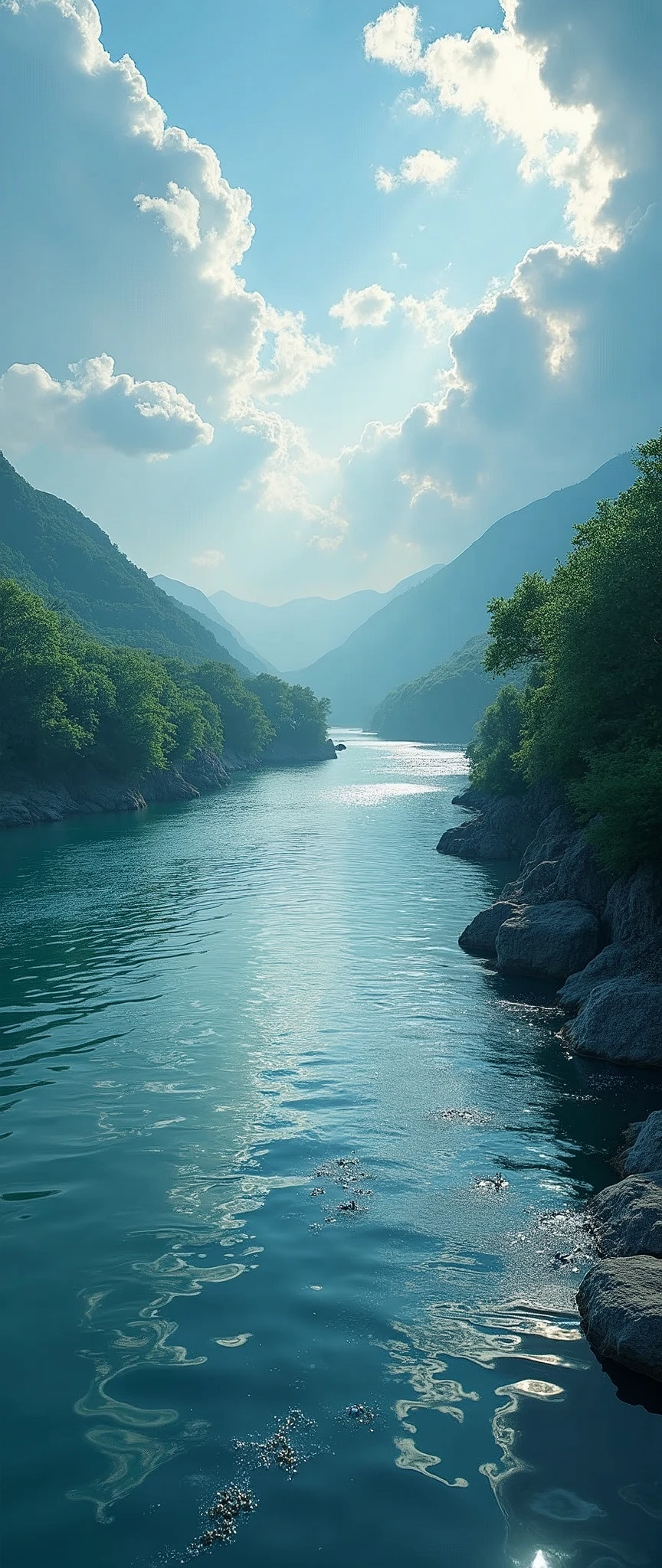 (masterpiece:1.2,Highest quality,Ultra-high resolution,Very detailed,Realistic,RAW Photos:1.2,Elaborate photos),8k,wallpaper,(Ray Tracing),Japan,(Majestic river,Beautiful water surface,Diffuse reflection of light),A photo that embodies the flow of clouds and water,