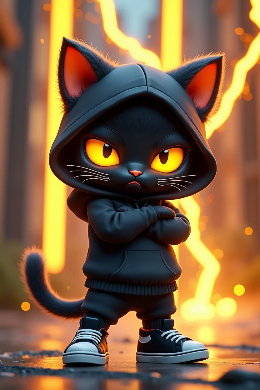 Create game character of (((Koro))) a cute chibi-style black cat with yellow eyes in a lightning element theme, rendered in a Disney Pixar 3D art style. The cat should be in a (((jumping pose))), frowning with arms crossed in front, wearing a black sweatshirt hoodie with matching black sneakers. The background should include a vibrant and dynamic scene with electric sparks, lightning bolts, and a neon black and yellow color scheme.