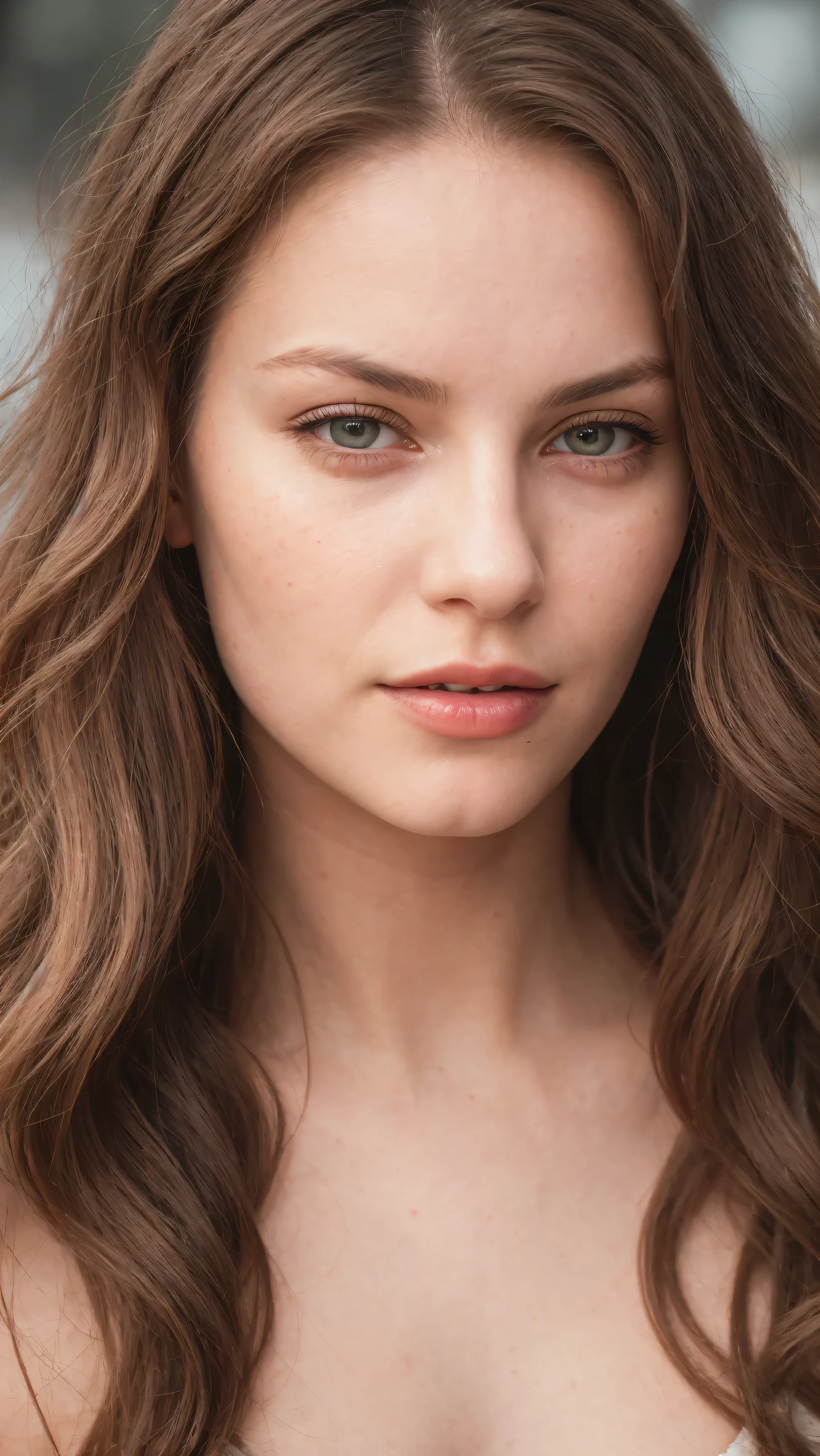 Face portrait photo oF a 21-year-old German woman, .raw, beautiFul woman, half strawberry lips, Fossettes, nostalgic look, green eyes, great student, Large eyelashes, (Brown extra long wavy hair), ((detailed Face)), ((detailed Facial Features)), (Finely detailed skin), red skin, (Deep neckline detailing high-tech cyberpunk dress), Cyberpunk Cyberpunk big city environment, (cold colors), moist, moist, reFlections, (masterpiece) (height ratio / perfect width) (photo realist) (best quality) (detailed) Shot with Canon EOS R5, ObjectiF 50mm, F/2.8, human development report, (8k) (wallpaper) (light) (Dramatic Light) (sharp focus) (complicated)