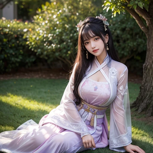 best quality, Delicate face,beautiful visual work, lifelike, eternity, black hair, Long curly hair, blunt bangs, Smile, Detailed Background, Delicate face,blush,cold,((masterpiece))、(top quality)、8k、high detail、Super detailed,21 years old female,Wearing Tang Dynasty Hanfu、waist skirt, Clothes are light and fluffy,Hanfu, wide sleeves, Transparent sleeves, Tunic, Clothes made of chiffon, Seductive and whimsical style、masterpiece、born、Intricate details and complex designs、Beautifully、magic、capricious、 Beautifully、Dream aesthetics、「𝓡𝓸𝓶𝓪𝓷𝓽𝓲𝓬、ethereal、charming、fickle、magic」、Realism、Visual effects、FXAA、SSAO、Shaders、voiceless、ambient lighting、Tone mapping、High resolution、Ultra high quality、Million pixels、(8K resolution:1.10)、8k、Below 8K、8K resolution、high detail、intricate details, (high quality:1.2、masterpiece:1.2、:1.21)、(21 years old female:1.21)、(Smile excitedly)、(Surrounded by a dream-like atmosphere、Model diagram,full-body shot,Normal 2 feet,Put your hands behind you,The protrusion of the breast is visible when wearing clothes, Large Breasts, H cup chest, antiquity, Xian Xia, gauze clothes, Soft and fluttering, Fairy, dream, fantasy, light, elegant, nature, Immortal, romantic, classical, ribbon, light purple clothes