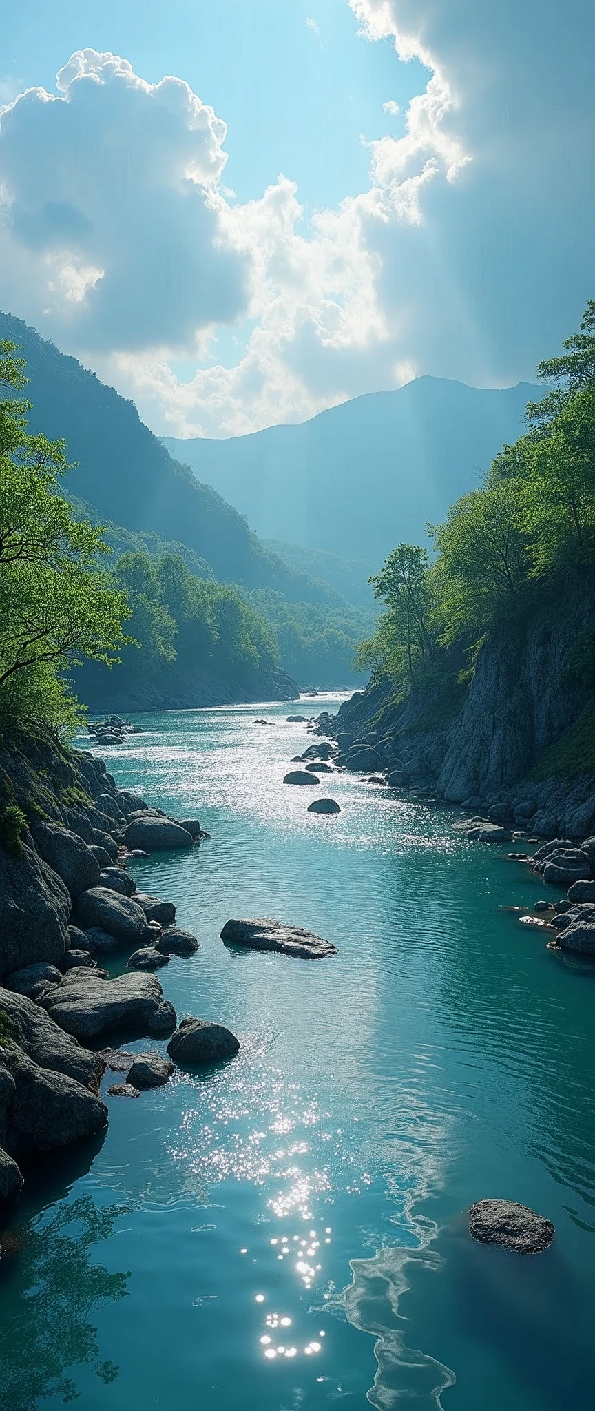 (masterpiece:1.2,Highest quality,Ultra-high resolution,Very detailed,Realistic,RAW Photos:1.2,Elaborate photos),8k,wallpaper,(Ray Tracing),Japan,(Majestic river,Beautiful water surface,Diffuse reflection of light),A photo that embodies the flow of clouds and water,