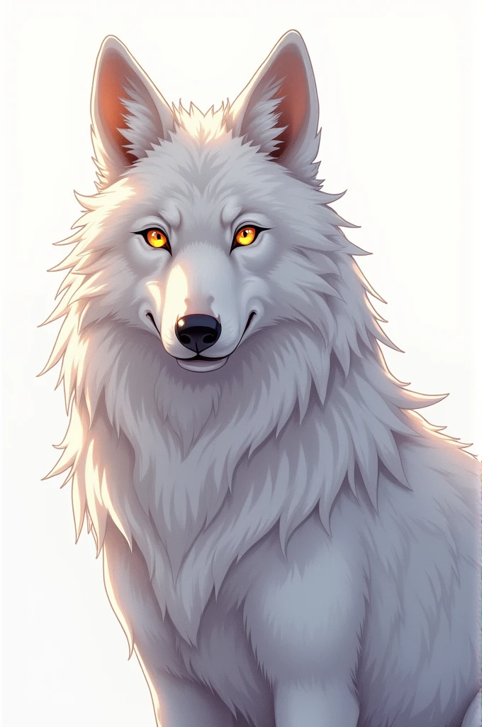 Draw an anime style wolf with long fur and golden eyes. white background 