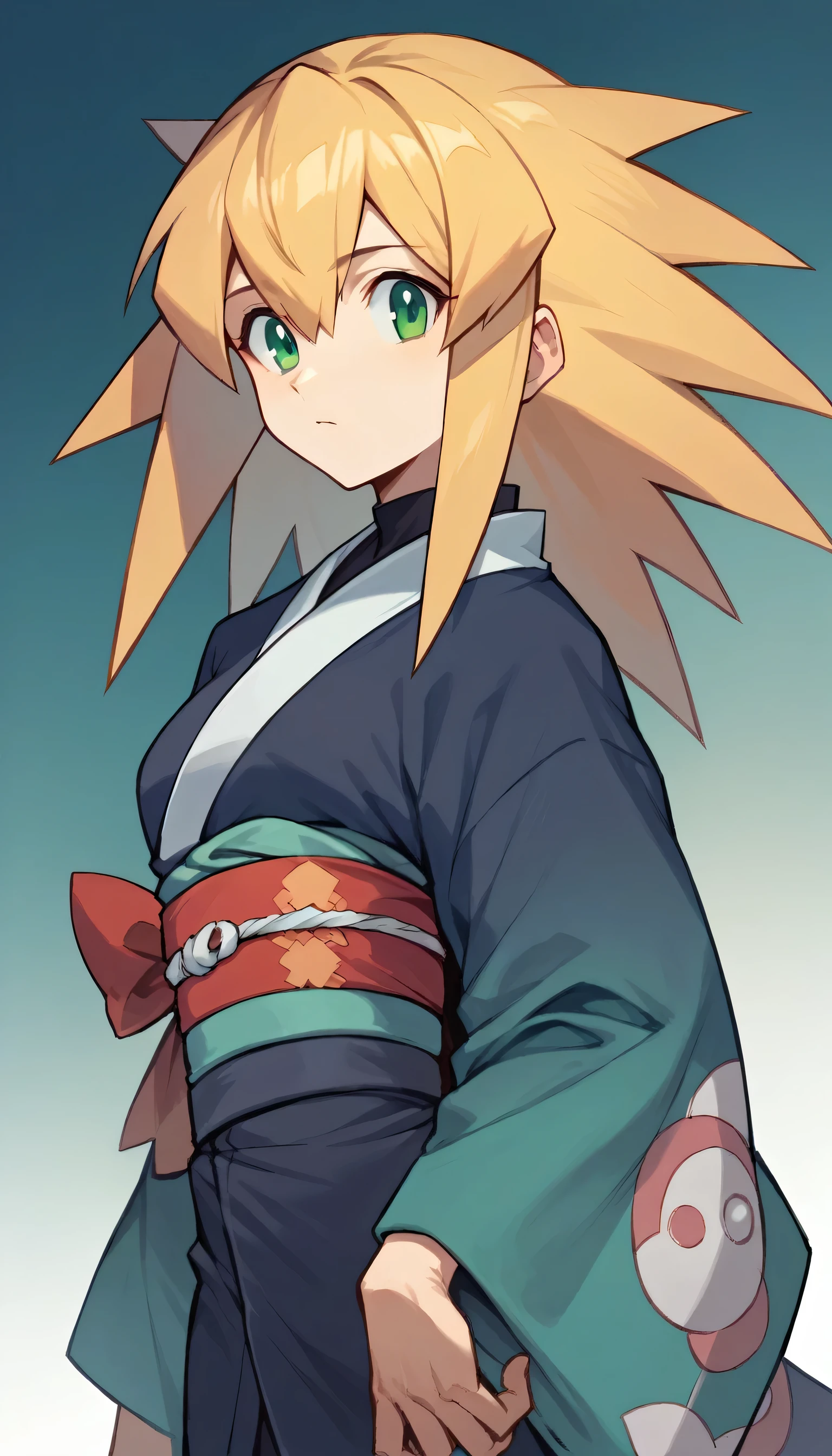 1girl, solo, japanese clothes, sash, kimono, bangs, looking at viewer, obi, gradient,roll caskett (mega man), hair between eyes, bangs, long hair, spiked hair, blonde hair, green eyes, 