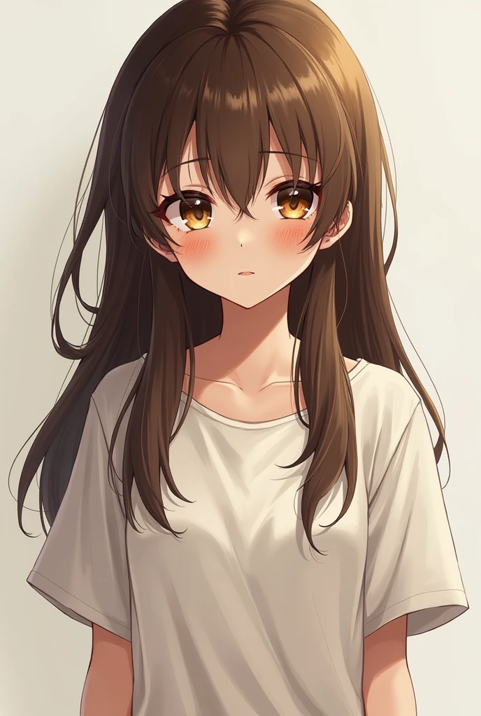 1girl, girl in an oversized t-shirt, very detailed face, long brown hair, brown eyes, masterpiece, better quality eyes