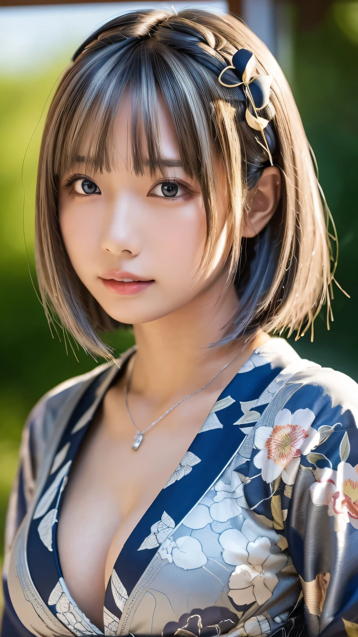 ((masterpiece, Highest quality, High resolution)), 1 Japanese girl, (Realistic: 1.4), excited、Great face,Glossy lips、, Silver Hair、Silver Hair、short hair, Silver Hair、(Beautiful Hair:1.5), Light Japanese pattern yukata、Japanese-style hairpin、Large Breasts、Cleavage、Japanese garden、Staring、Angle from the front, Smooth, Highly detailed CG composite 8K background, High resolution RAW color photos, Professional photography, Light, BackLight, impressive, Written boundary depth, (Face close-up:1.2)