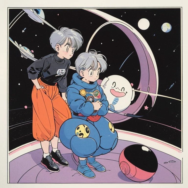 ((a cute girl)),gray hair,medium　short hair,black sweater,full body,flat fill,analogue,1990s,comic,Simple line art,retro anime,many colorful stars,plant,night,space,shooting star,Cute face、(Planetary orbits)、astronomy、mysterious、no gravity、Chrono Trigger,takahashi rumiko