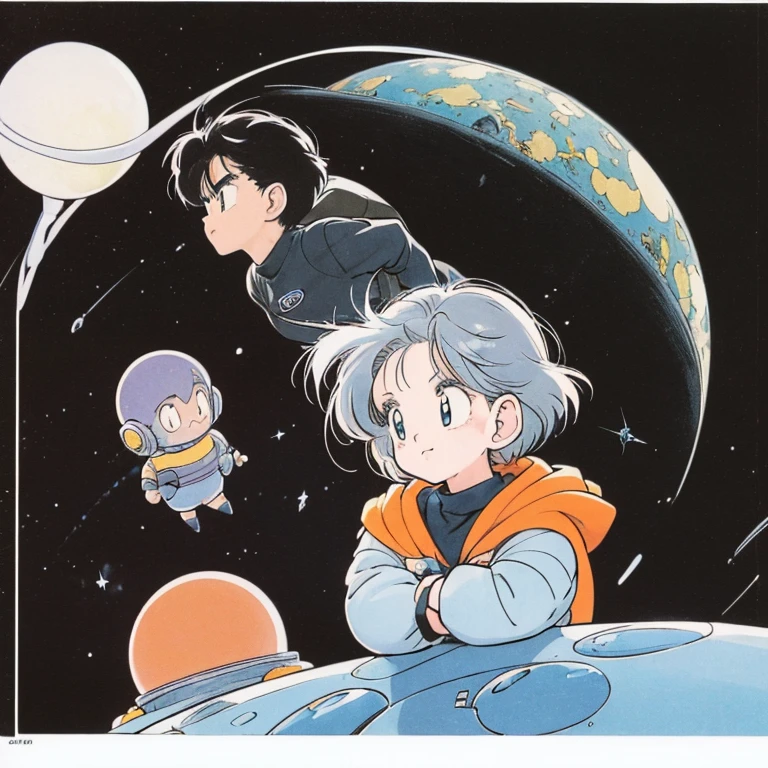 ((a cute girl)),gray hair,medium　short hair,black sweater,full body,flat fill,analogue,1990s,comic,Simple line art,retro anime,many colorful stars,plant,night,space,shooting star,Cute face、(Planetary orbits)、astronomy、mysterious、no gravity、Chrono Trigger,takahashi rumiko