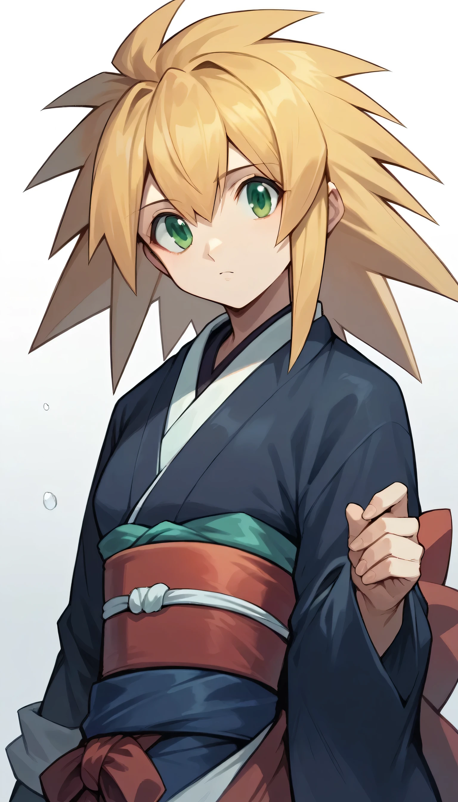 1girl, solo, japanese clothes, sash, kimono, bangs, looking at viewer, obi, gradient,roll caskett (mega man), hair between eyes, bangs, long hair, spiked hair, blonde hair, green eyes, 