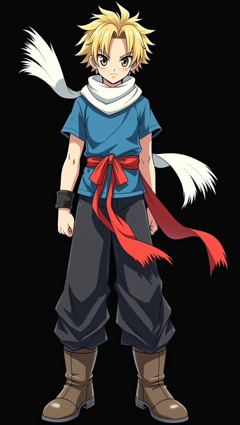 character, young adult, masculine, dragon ball style, Short blonde hair, attractive, handsome, slanted eyes and brown color, blue T-shirt, Boots, red ribbon on the waist, white scarf, black pants, anime, 4k, White background