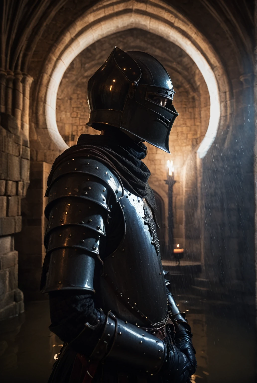 fisheye lens, portrait photo of medieval knight standing inside a gothic church, wet stone, puddles, infinite vaults, bloodborne, dramatic light, low key, candle light