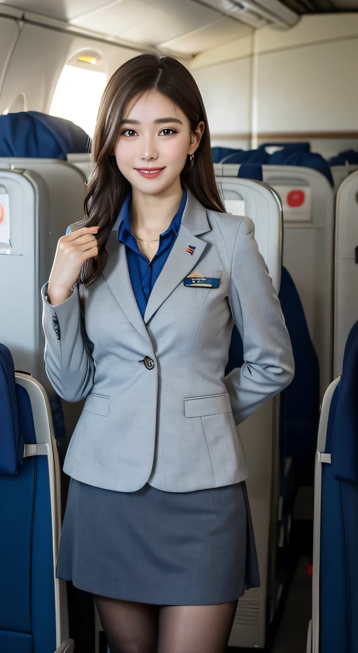 Highest quality、8k、Best image quality、Award-winning works), Full body photo、Highest quality、Ultra-high resolution、Depth of written boundary、Lens Flare 1 Girl、、Brown Hair, Capture the attention of the audience, Large Breasts , Stewardess Uniform, ( Stewardess Blazer:1.3), Knee-length skirt、tights、pumps, smile , Airplane cabin