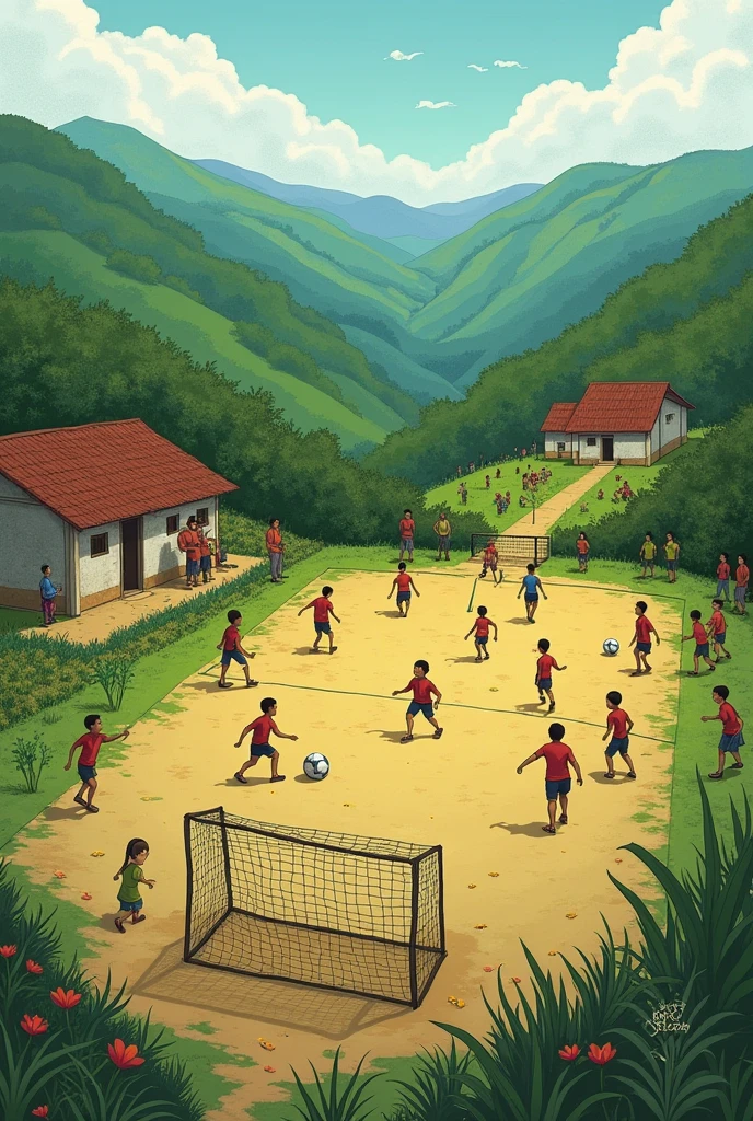 The background of the drawing shows a mountainous region, with green hills and natural landscapes typical of Colombian villages. The landscape is essential to place the story in its rural and mountainous context.. In the center of the drawing, There is an improvised football field with a network of rudimentary goals. The children are playing football with an old and worn out ball, reflecting his passion for the game despite the difficulties. Several children, are on the move, running and playing with enthusiasm. Children should be dressed in simple, slightly worn clothing., but their expressions should show joy and determination. On one side of the drawing, You can see a subtle representation of the tension of the armed conflict. Perhaps some army soldiers and guerrillas are visible in the distance., looking menacingly or in a scene that suggests their influence in the region. In a corner of the drawing, A small rural school can be included with a female figure representing the teacher.. The teacher must have a worried or sad expression, with the feeling of being under threat. The school may look modest, in line with limited resources. Some country houses and families should be represented in the background. You can draw some adults and children doing everyday tasks, showing the impact of conflict on daily life. To symbolize hope and dreams, You could include some details like flowers or sun rays emanating from the football field., representing resilience and the desire for a better life. Use a color palette that contrasts the vibrant green of the landscape with darker, more somber tones for the figures related to the conflict.. Colors should reflect the contrast between natural beauty and the harshness of conflict.. 