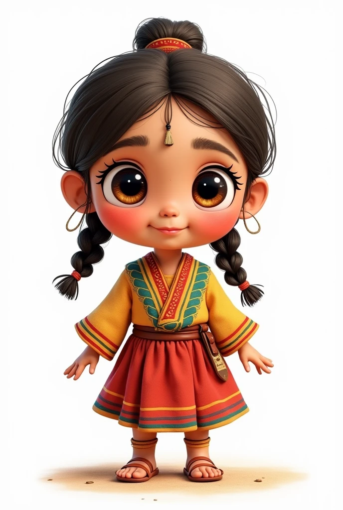 Create an animated cartoon image, handmade, with thick strokes of a tender little doll with big eyes, with braids and a typical headband in her hair, with typical costume originating from the culture of Guatemala. on a white background