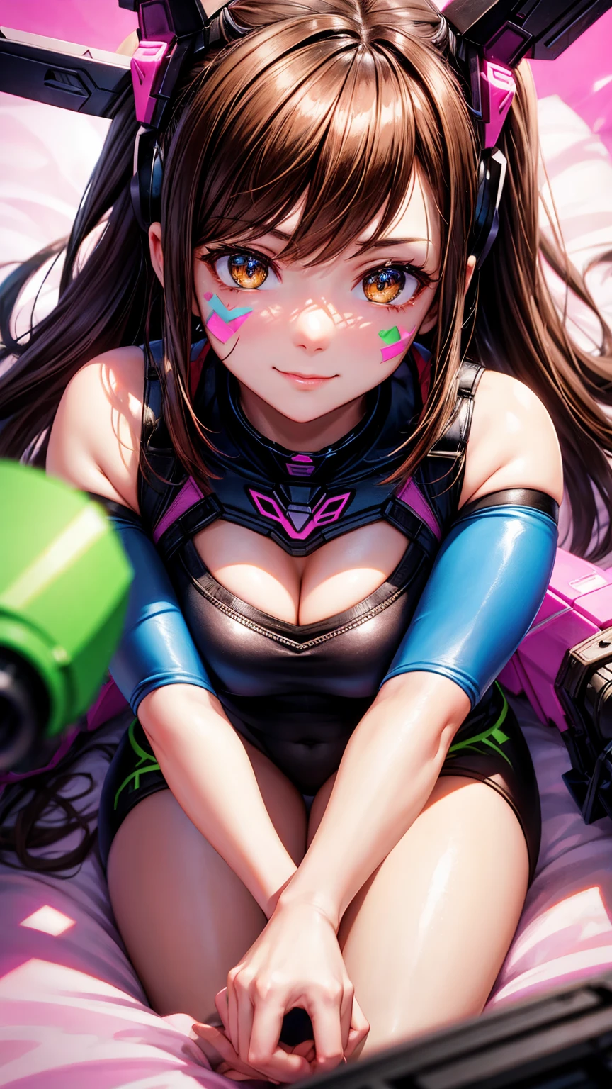 ((masterpiece)), Dva, Overwatch Dva, Dva headgear, Dva facepaint, brown hair, messy hair, heart-shaped pupils, amber eyes, seductive smile, cinematic lighting, sparkle, ray tracing, backlighting, drop shadow, pov, blurry foreground, from above, UHD, 4K, best quality, latex leggings