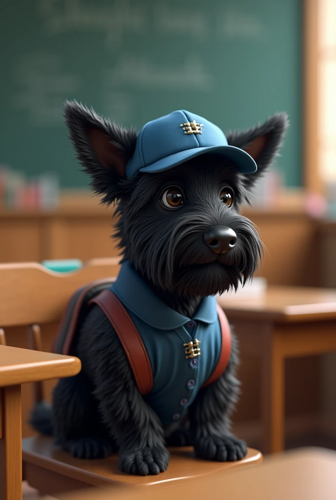(photorealism:1.2), Black Scottish Terrier studying at school with backpack and blue cap