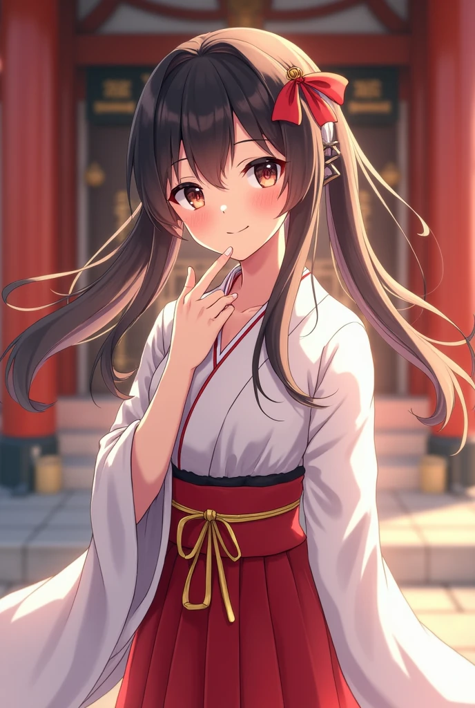 (Highest quality、Tabletop、8k、Best image quality)、(美しい日本のThe perfect shrine maiden:1.1)、(The perfect shrine maiden'White Robe:1.1)、(The perfect shrine maiden, Chihaya:1.1)、(The perfect shrine maiden'Red Hakama:1.1)、(woman'Upper body photo:1.1)、look at me、The best smile、The background is a magnificent and luxurious shrine..、The majestic and luxurious exterior resembles a real shrine.、A gorgeous and authentic shrine with Niwa lacquerware Hoshimori Sayuki