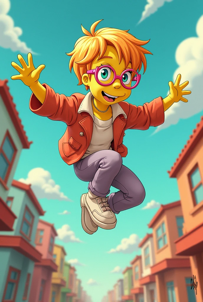 non-binary person, short light orange half golden hair, with pink vintage glasses, take off, simpsons style