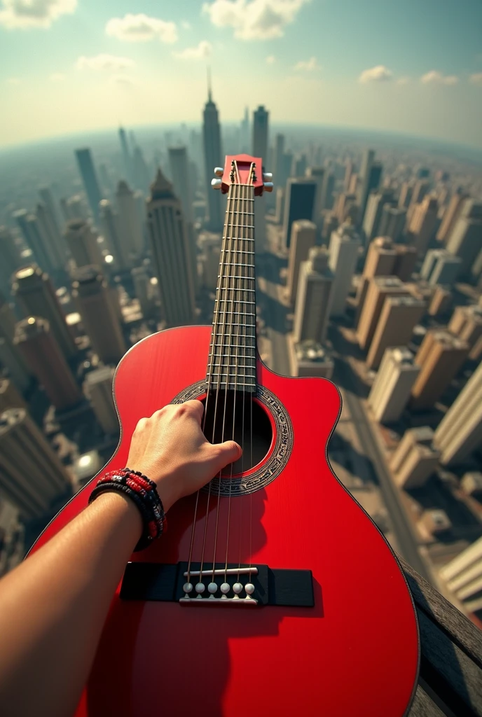 Create an album cover of corridos tumbados in the style of Natanael Cano with a first-person perspective of someone playing a red 12-string acoustic F chord guitar on top of the tallest building looking out over Mexico City with a first-person view of his brown arms with a red and black circle bracelet.