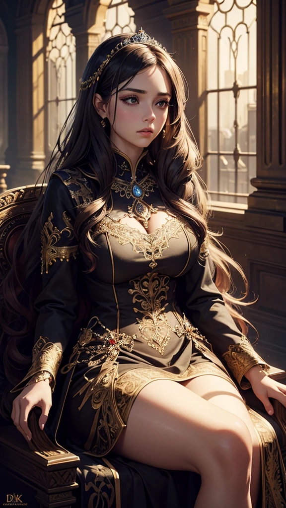 a beautiful princess with long hair, sitting in a prison,large breasts, anxious expression, ornate dress, fantasy, intricate details, cinematic lighting, dramatic atmosphere, highly detailed, 8k, photorealistic, masterpiece, digital art