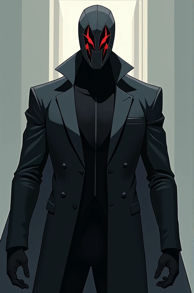 creates an image of a subject dressed in black, with a suit like Black Noir, only a little more greyish on the plates of the suit and also the bisors of his mask are a red color, Also try to change the mask so it looks different from Black Noir, Give it a cool and threatening touch but at the same time simple, Also that the drawing style is anime style with a modern drawing