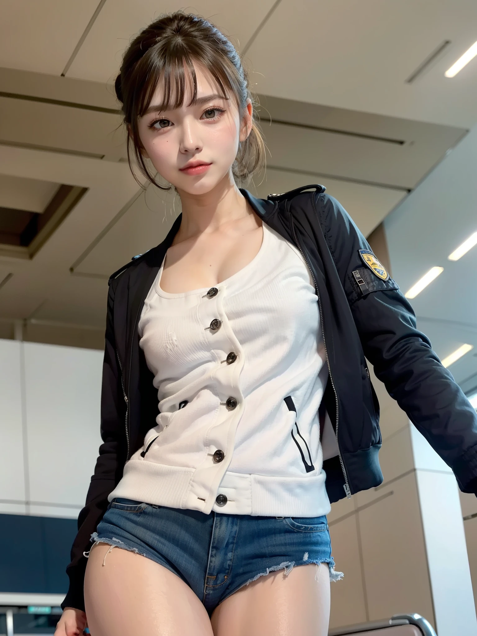 ((Best of the highest quality, 8k, Masterpiece, raw photo: 1.2)), (Sharp focus: 1.2), (1 AESPA, slim body type female, 21 y/o: 1.1), (solo: 1.28), (realistic, photo-realistic:1.37), cute face, finely eyes, (droopy eyes: 1.32), (Emphasize prominent aegyo-sal with bright: 1.2), shimmering eyeshadow applied under the lower lash line, paired with thick, (small , flat chest, Thigh: 1.3), (short messy hair, bangs, updo: 1.2), (airline uniform, jacket: 1.32), walking airport terminal, (from below: 1.12),