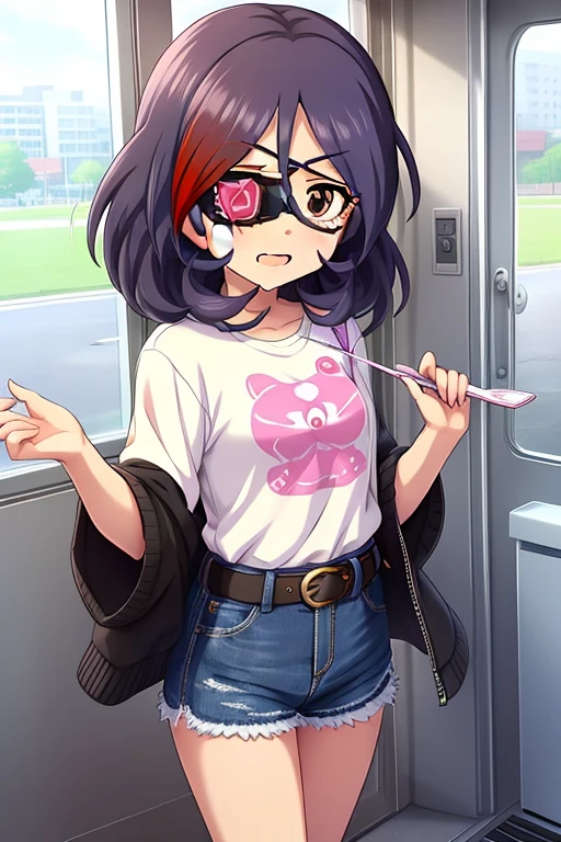 Hayasaka Mirei,purple hair,multicolored hair,fang,brown eyes,short hair,eyepatch,Tube top,Denim shorts,shorts rolled,belt,from side
