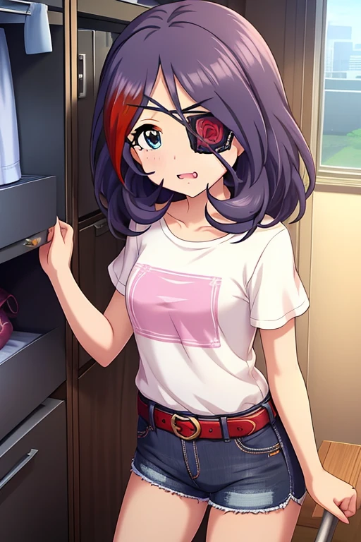 Hayasaka Mirei,purple hair,multicolored hair,fang,brown eyes,short hair,eyepatch,Tank top,Denim shorts,shorts rolled, from back, ass