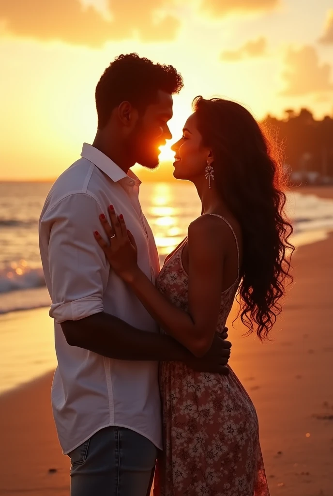 generate an action scene where a couple of lovers (a handsome black man and a Latin woman with dark chocolate skin) are on a boardwalk facing the sea, warm colors, be creative and achieve a book cover image