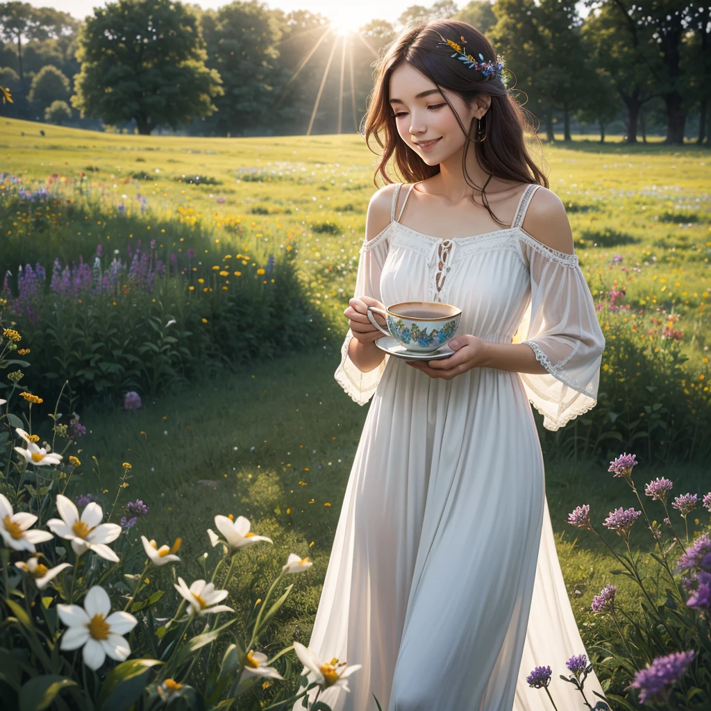 A tranquil morning scene featuring a lovely bohemian woman, adorned in a flowy, floral maxi dress, surrounded by vibrant wildflowers in a lush meadow, with a soft sunbeam highlighting her peaceful smile, as she cradles a warm, fragrant cup of tea
