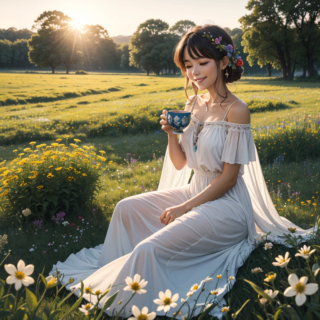 A tranquil morning scene featuring a lovely bohemian woman, adorned in a flowy, floral maxi dress, surrounded by vibrant wildflowers in a lush meadow, with a soft sunbeam highlighting her peaceful smile, as she cradles a warm, fragrant cup of tea