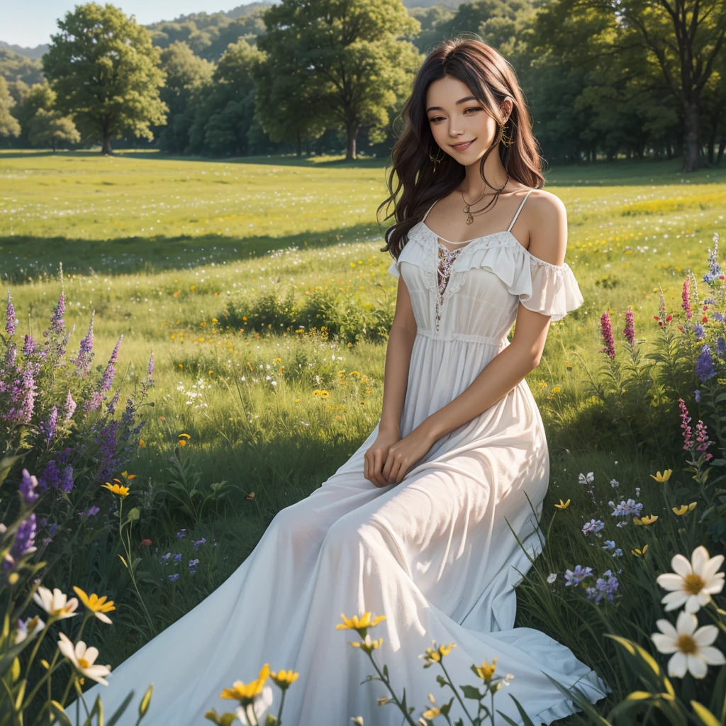 A tranquil morning scene featuring a lovely bohemian woman, adorned in a flowy, floral maxi dress, surrounded by vibrant wildflowers in a lush meadow, with a soft sunbeam highlighting her peaceful smile, as she cradles a warm, fragrant cup of tea