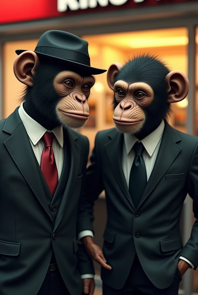 (photorealism:1.2), Two monkeys in suits with mafia qualities robbing a Burger King