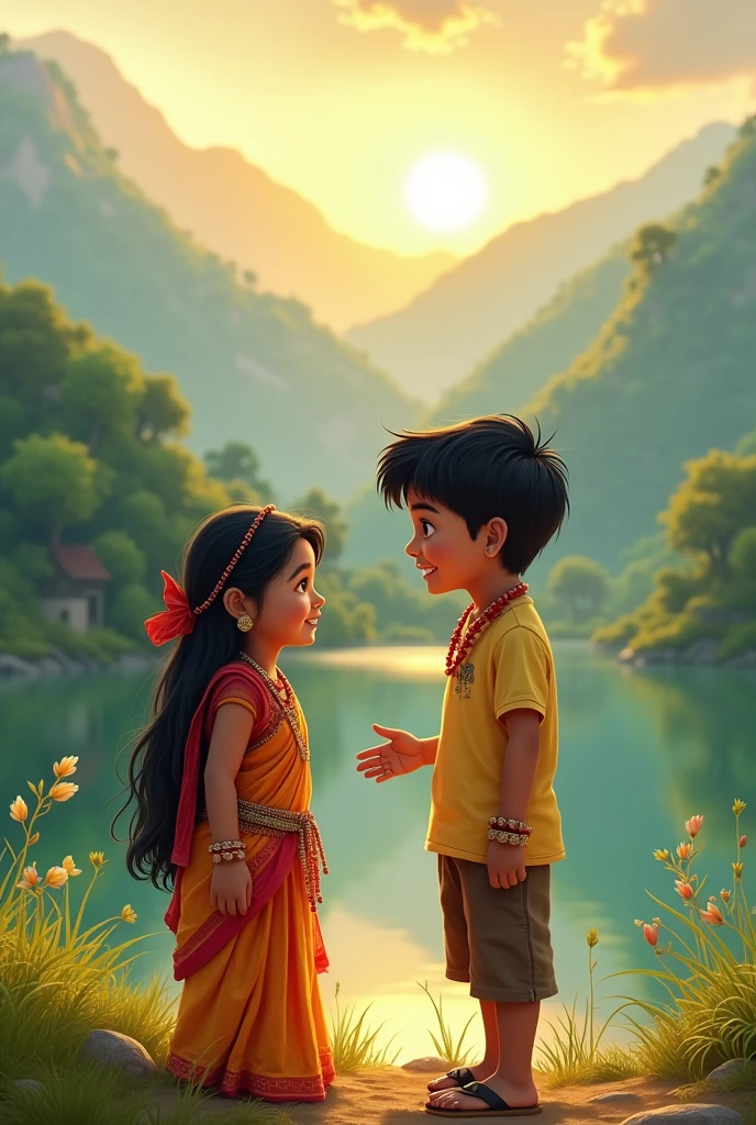 a baby Krishna and Radha sitting near, Romantic and Joy full expression, vibrant backgrounds, detailed, blurred, realistic