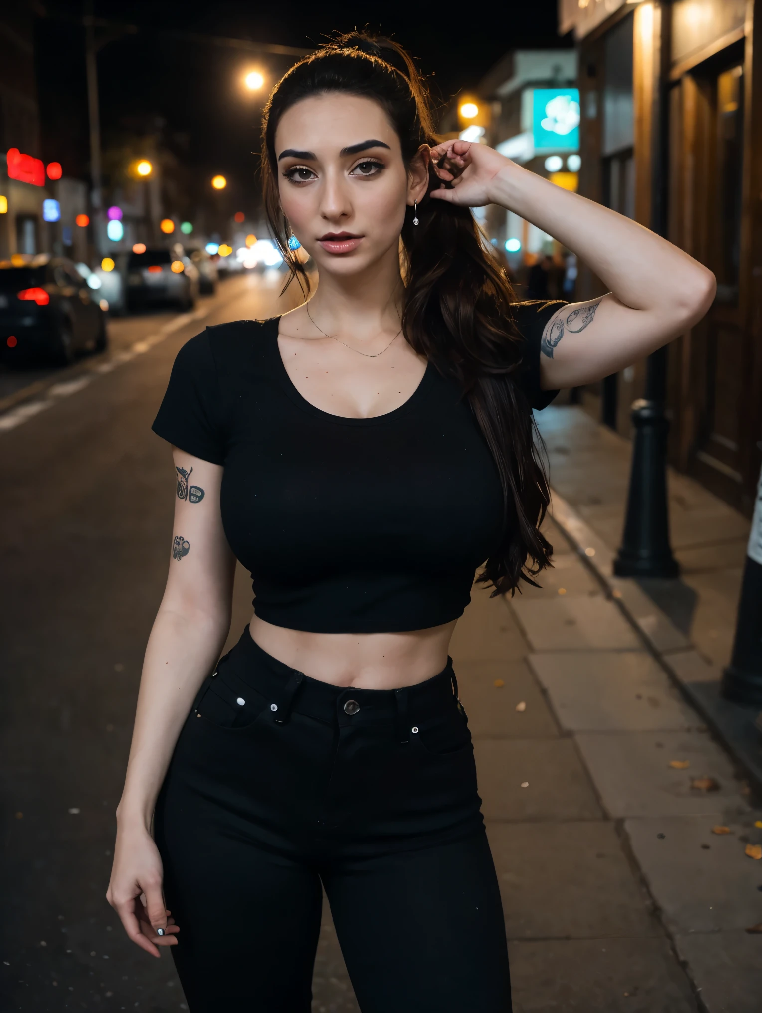 Extremely busty thin and toned brunette death metal girl, strung out, sleepy, stoned, fair skin, big hair, huge ponytail, hair pulled back, soft face, athletic, heavy makeup, piercings, grey t-shirt, grey tee shirt, studs, black pants, boots, fingerless gloves. black butterfly tattoos. standing in a dark alley at night. Outdoors, exterior, Nighttime. neon lights. (detailed background.) Grim. sly, bitter, evil, mean, angry.