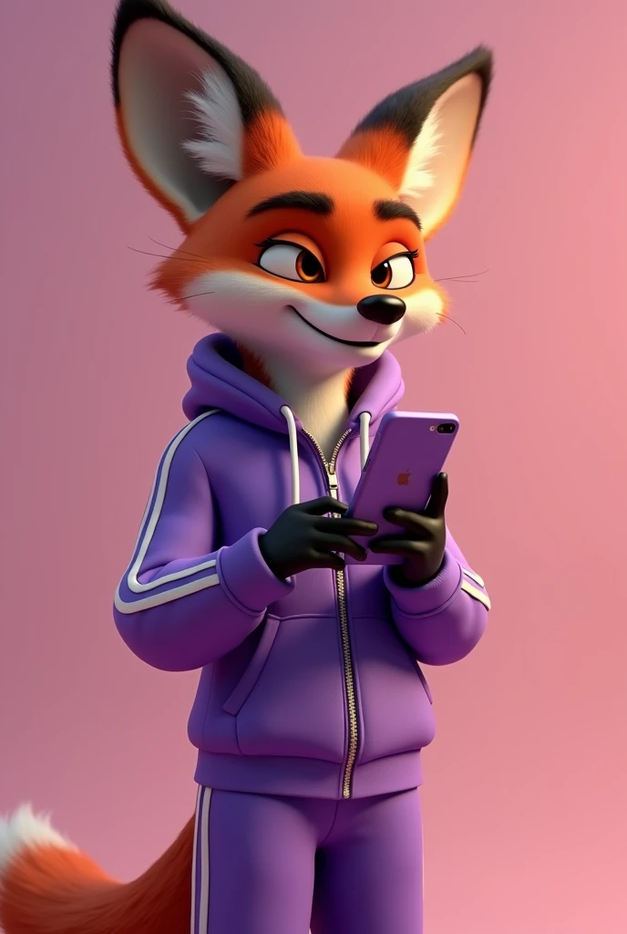 A disney pixar 4d style fox wearing a stylish purple tracksuit dropshipping using and showing off a stylish fashionable cell phone standing happily smiling covering his mouth with a look of contentment with what he is seeing on the cell phone a young mature fox