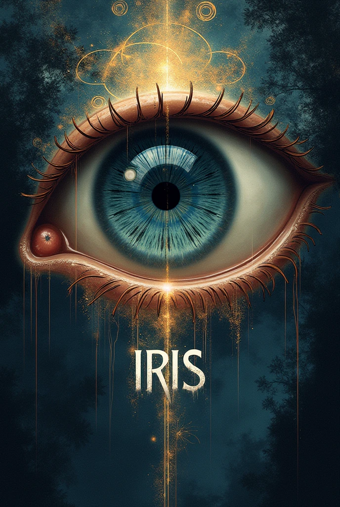 an eye, drawing, saying “IRIS” in the middle, dark, drawing, psicoldelia, ocultism
