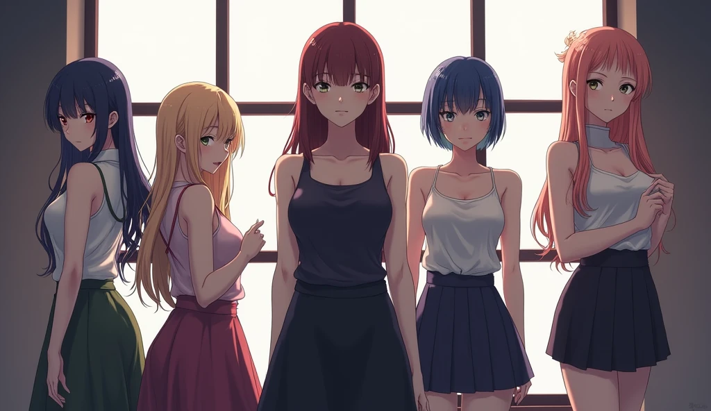 Anime-style illustration featuring five sexy women adult with varying hair colors and styles, all with their eyes obscured by shadows. The women are dressed in a mix of formal and casual attire, with some wearing dresses and others in blouses and skirts. The background is a well-lit room with large windows, allowing natural light to stream in. The overall composition emphasizes the contemplative mood of the central figure, contrasted by the mysterious presence of the women.