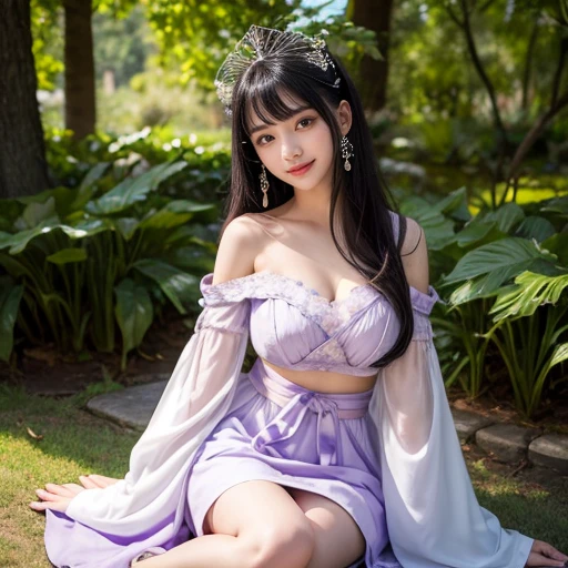 best quality, Delicate face，beautiful visual work, lifelike, eternity, black hair, Long curly hair, blunt bangs, Smile, Detailed Background, Delicate face，blush，cold，((masterpiece))、(top quality)、8k、high detail、Super detailed，21 years old female，Wearing Tang Dynasty Hanfu、waist skirt, Clothes are light and fluffy，Hanfu, wide sleeves, Transparent sleeves, Tunic, Clothes made of chiffon, Seductive and whimsical style、masterpiece、born、Intricate details and complex designs、Beautifully、magic、capricious、 Beautifully、Dream aesthetics、「𝓡𝓸𝓶𝓪𝓷𝓽𝓲𝓬、ethereal、charming、fickle、magic」、Realism、Visual effects、FXAA、SSAO、Shaders、voiceless、ambient lighting、Tone mapping、High resolution、Ultra high quality、Million pixels、(8K resolution:1.10)、8k、Below 8K、8K resolution、high detail、intricate details， (high quality:1.2、masterpiece:1.2、:1.21)、(21 years old female:1.21)、(Smile excitedly)、(Model diagram，full-body shot，Normal 2 feet，Put your hands behind you，The protrusion of the breast is visible when wearing clothes, Large Breasts, H cup chest, antiquity, Xian Xia, gauze clothes, Soft and fluttering, Fairy, dream, fantasy, light, elegant, nature, Immortal, romantic, classical, ribbon, light purple clothes