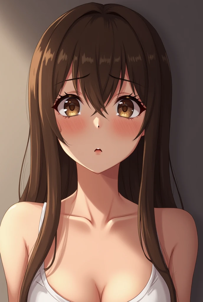 1girl, naked, very detailed face, long brown hair, brown eyes, embarrassed, teary eyes, masterpiece, better quality eyes