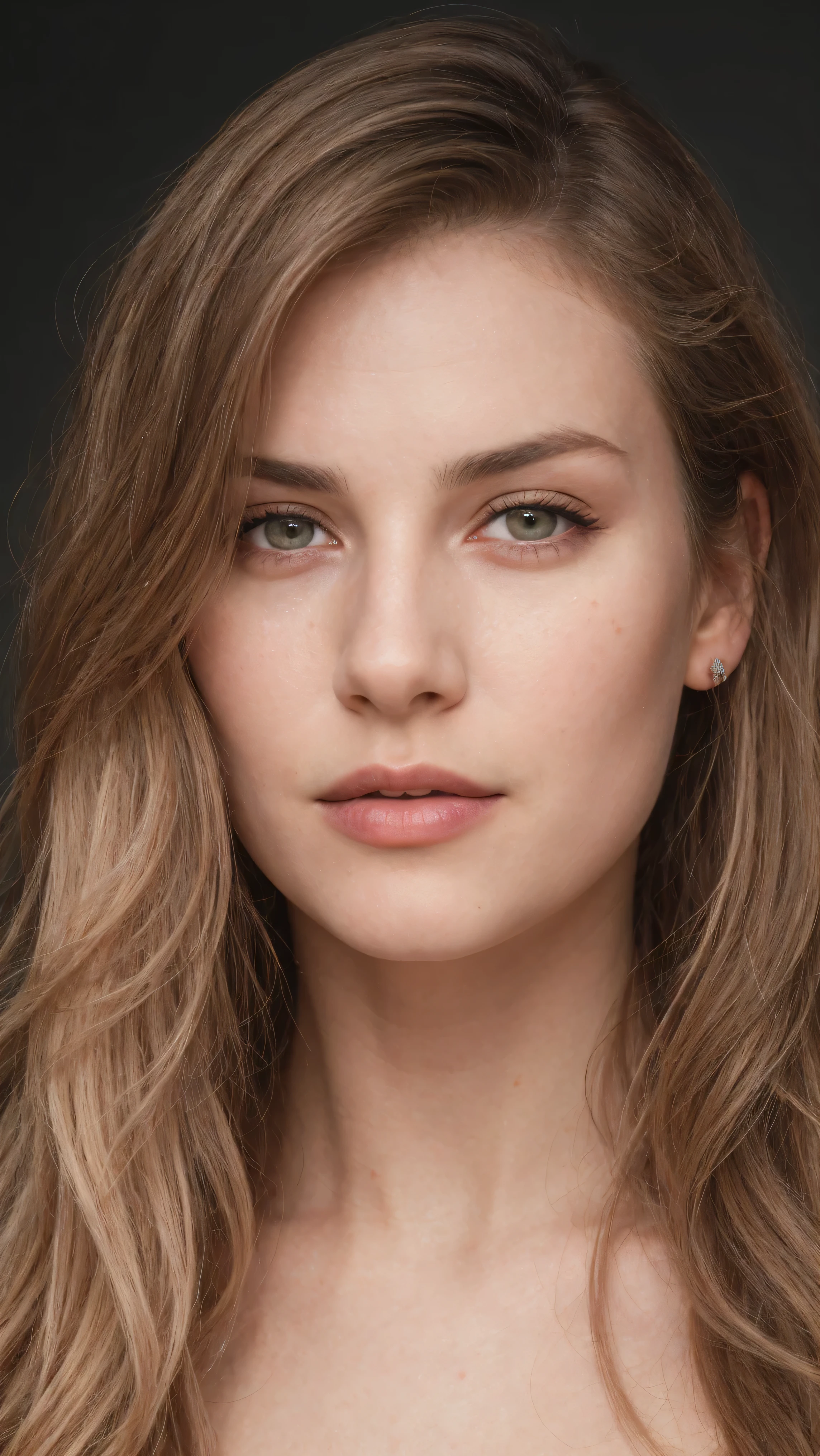 Face portrait photo oF a 21-year-old German woman, .raw, beautiFul woman, half strawberry lips, Fossettes, nostalgic look, green eyes, great student, Large eyelashes, (Brown extra long wavy hair), ((detailed Face)), ((detailed Facial Features)), (Finely detailed skin), red skin, (Deep neckline detailing high-tech cyberpunk dress), Cyberpunk Cyberpunk big city environment, (cold colors), moist, moist, reFlections, (masterpiece) (height ratio / perfect width) (photo realist) (best quality) (detailed) Shot with Canon EOS R5, ObjectiF 50mm, F/2.8, human development report, (8k) (wallpaper) (light) (Dramatic Light) (sharp focus) (complicated)