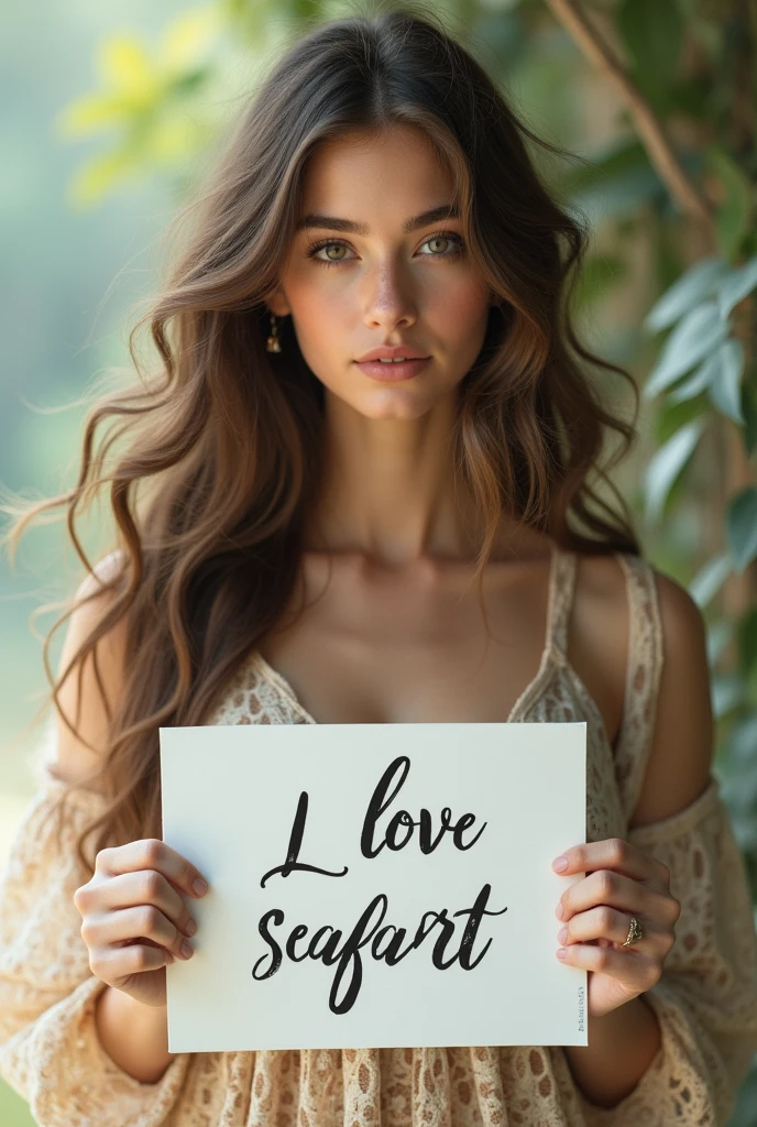 Beautiful girl with wavy long hair, bohemian dress, holding a white board with text "I Love Seaart Infinity" and showing it to the viewer