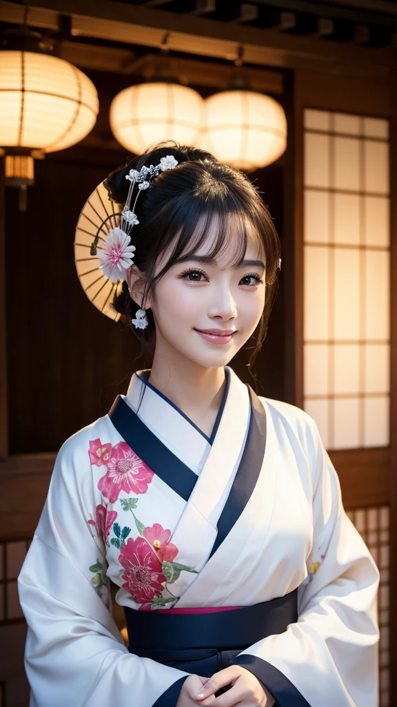 (Super beautiful woman in kimono)、((highest quality、8K masterpiece:1.3))、sharp focus:1.2、(super beautiful face:1.0)、(shiny skin:1.0)、realistic pictures、black hair、video lighting、High resolution eyes and face、video lighting、japanese actress、from the front、with a happy smile、whole body、wearing a kimono、in Kyoto、(luxury obi)、with a fan、Fireworks Display