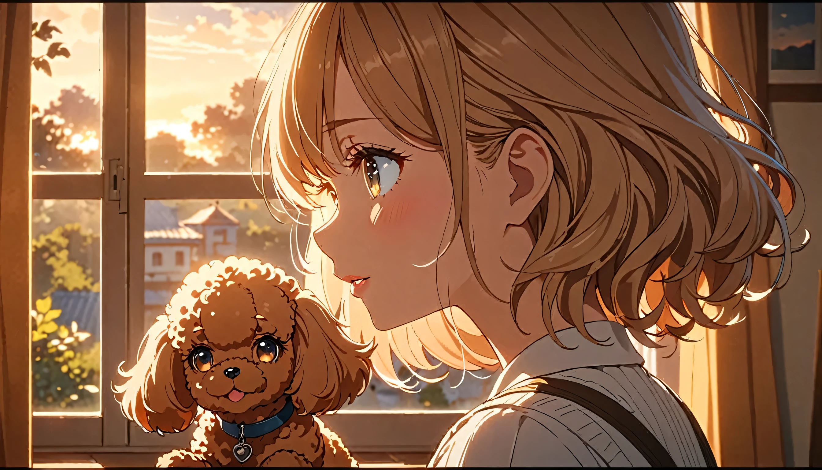 A girl looking out of an open window with a toy poodle, back shot, early morning sunlight streaming in, beautiful detailed eyes, beautiful detailed lips, extremely detailed eyes and face, long eyelashes, serene expression, (best quality,4k,8k,highres,masterpiece:1.2),ultra-detailed,(animetic:1.37),soft natural lighting,warm color tones,dreamy atmospheric,detailed interior setting,cozy home environment