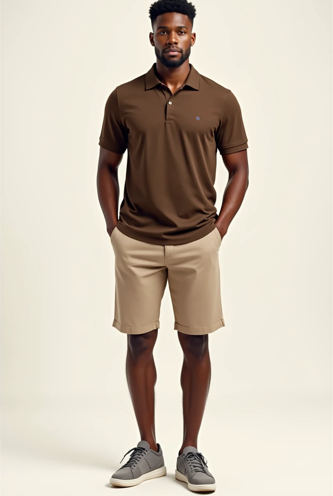 Create an outfit for a 25-year-old man, brown skin color, full body with brown polo shirt, shorts beige y tenis grises