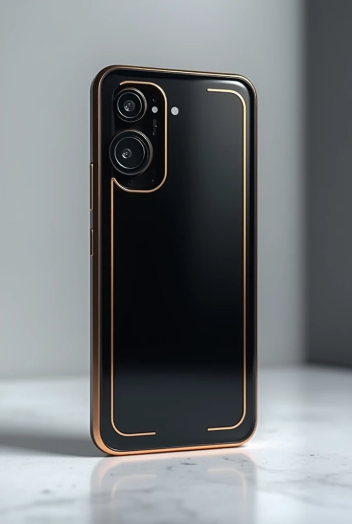 Create an image of a high-end cell phone of the future with 3 vertical cameras, matte black, glass back and gold edges, the main screen that has no edges, the design is similar to that of the phone 15 pro max but glass back and gold edges