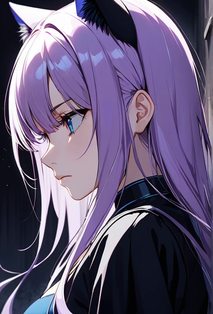 1girl, cat ears, long hair, bangs, light purple hair, gorgeous blue eyes, eyeliner, long lashes, sad, frown, collar, black top, breasts, gloomy and sad background, partial side profile, looking down