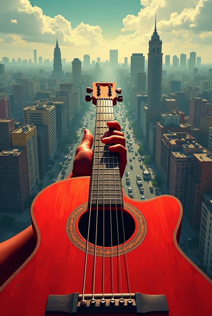 Create an album cover of corridos tumbados in the style of Natanael Cano with a first-person perspective of someone playing a red 12-string acoustic guitar with the D major chord placed horizontally above the tallest building observing Mexico City with a first-person view.