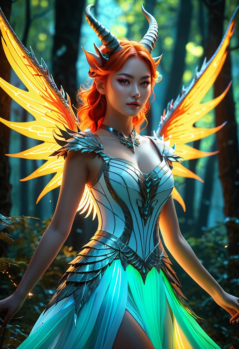 A beautiful girl with flaming hair and wonderful horns in a magical forest_delicate eyes, Cat's eyes, 마구 흩날리는 shining 금발 머리 카락, 3D Realistic Animation, CGI animated fantasy work, Realistic animation in 3D style, Debian Art Art Station cgscosiety, Digital Animation Art, art, detailed Digital Animation Art, shining, A gorgeous dress made of fluorescent lights, detailed with detailed descriptions:1.2, Overwhelmingly detailed dragon wings, masterpiece, Surreal Ultra HD picture quality, 